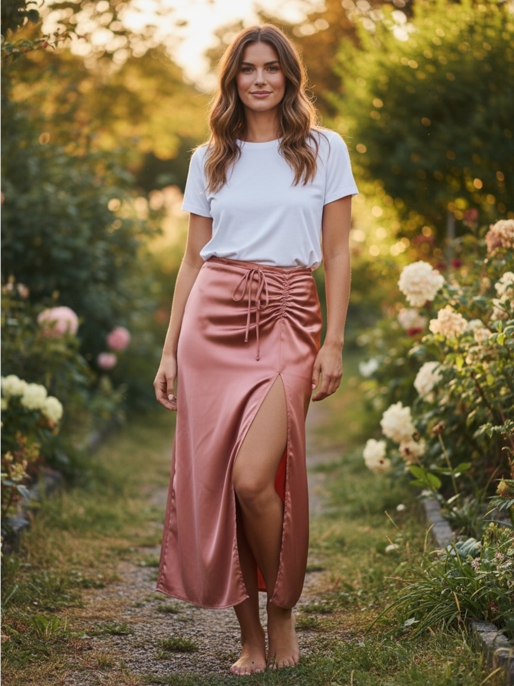 Anthropologie Boho Feminine Romantic Satin Ruched High-Slit Maxi Skirt in Rose